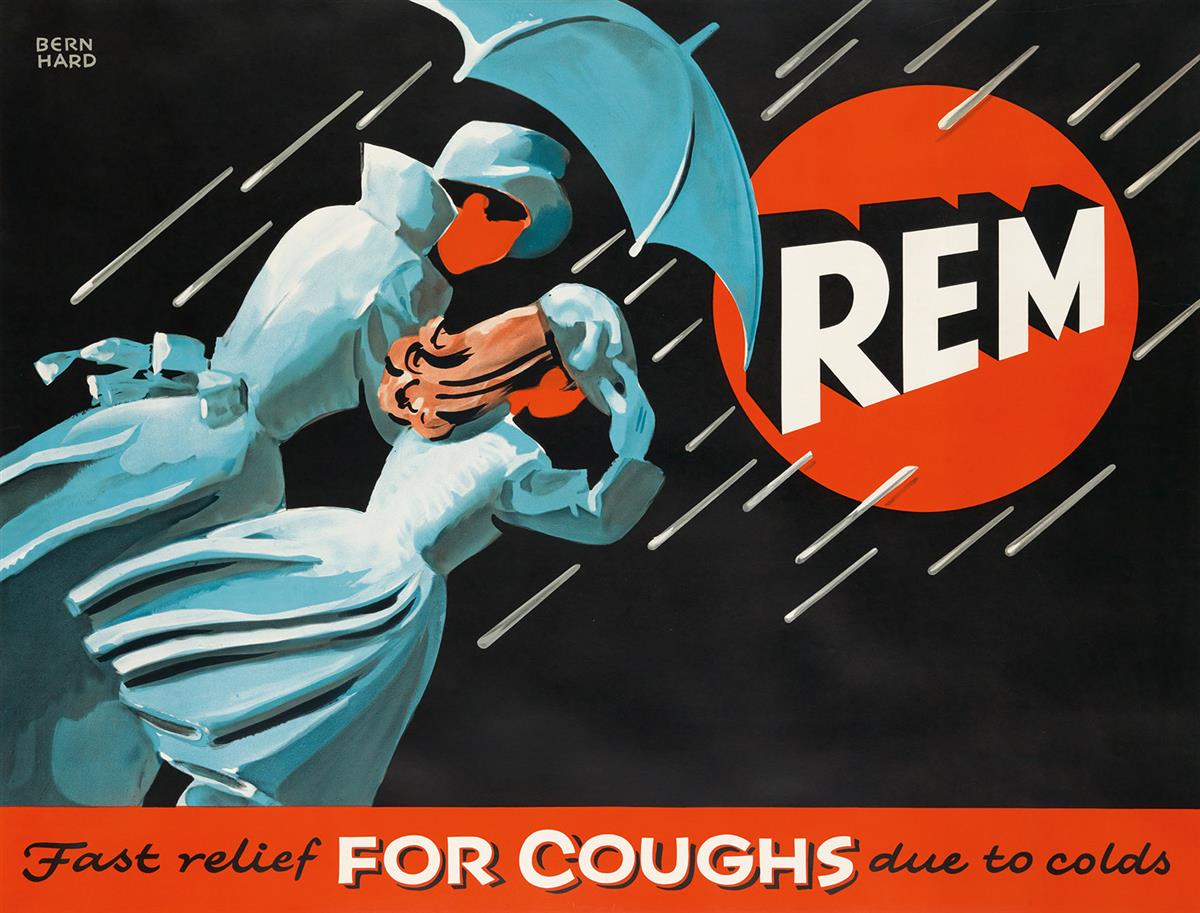 LUCIAN BERNHARD (1883-1972). REM / FAST RELIEF FOR COUGHS DUE TO COLD / RAIN. Circa 1930s. 45x59 inches, 115x151 cm.